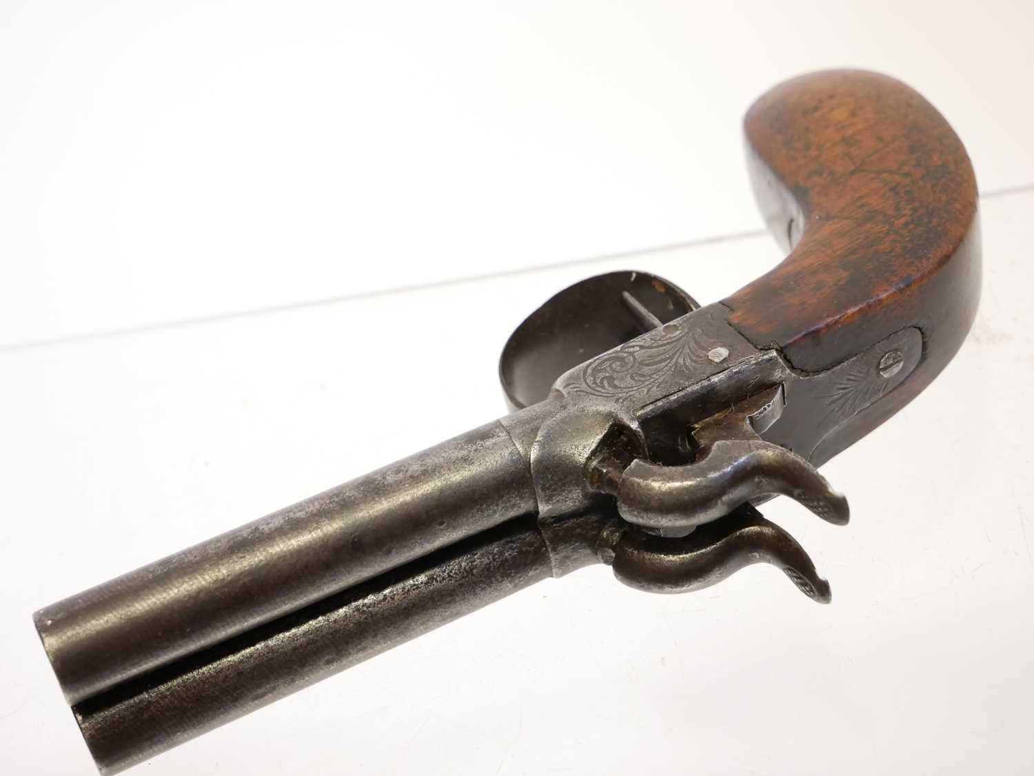 Belgian 64 bore double barrel percussion pistol, with 3inch rifled barrels ,boxlock action - Image 3 of 8