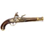 Belgian 16 bore flintlock pistol, 10 inch barrel fitted into full length stock with brass furniture.
