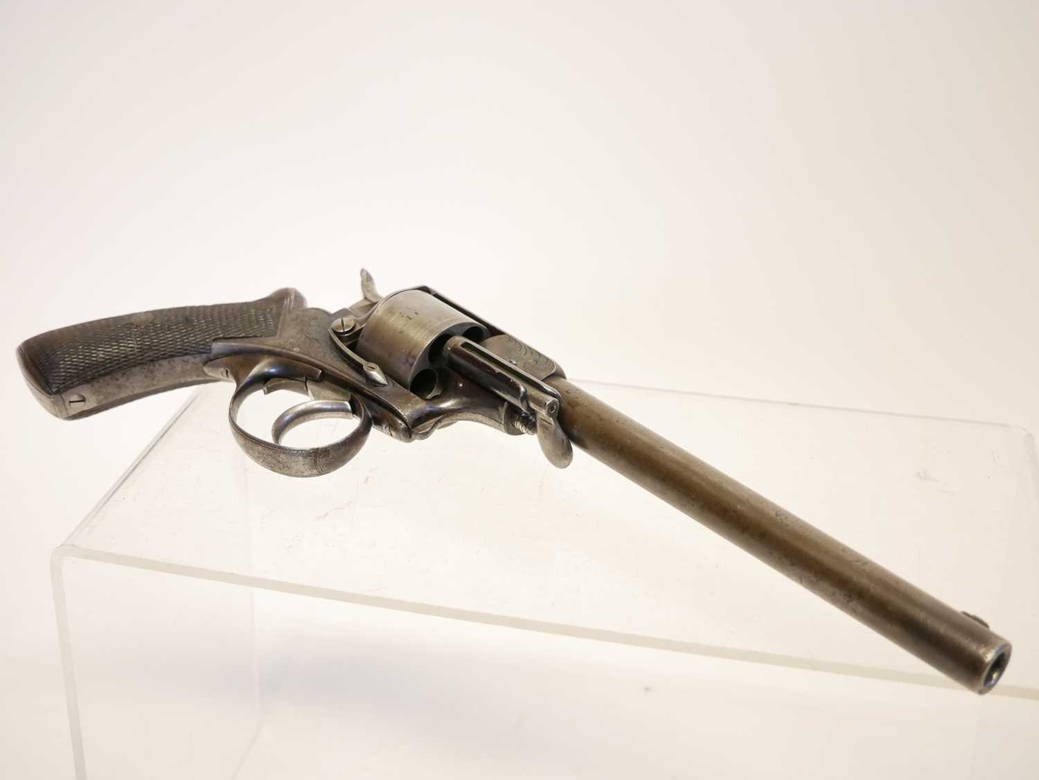 Webley solid frame .442 rimfire revolver, 8inch sighted round barrel the top strap engraved 'Hills - Image 2 of 14