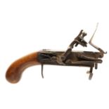 Flintlock tinder box lighter, with exposed action and wood pistol grip stock. 21cm long The
