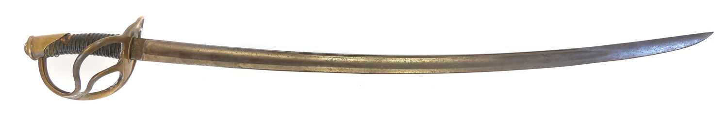 Model 1840 wrist breaker type sword, curved fullered blade with brass guard and leather covered