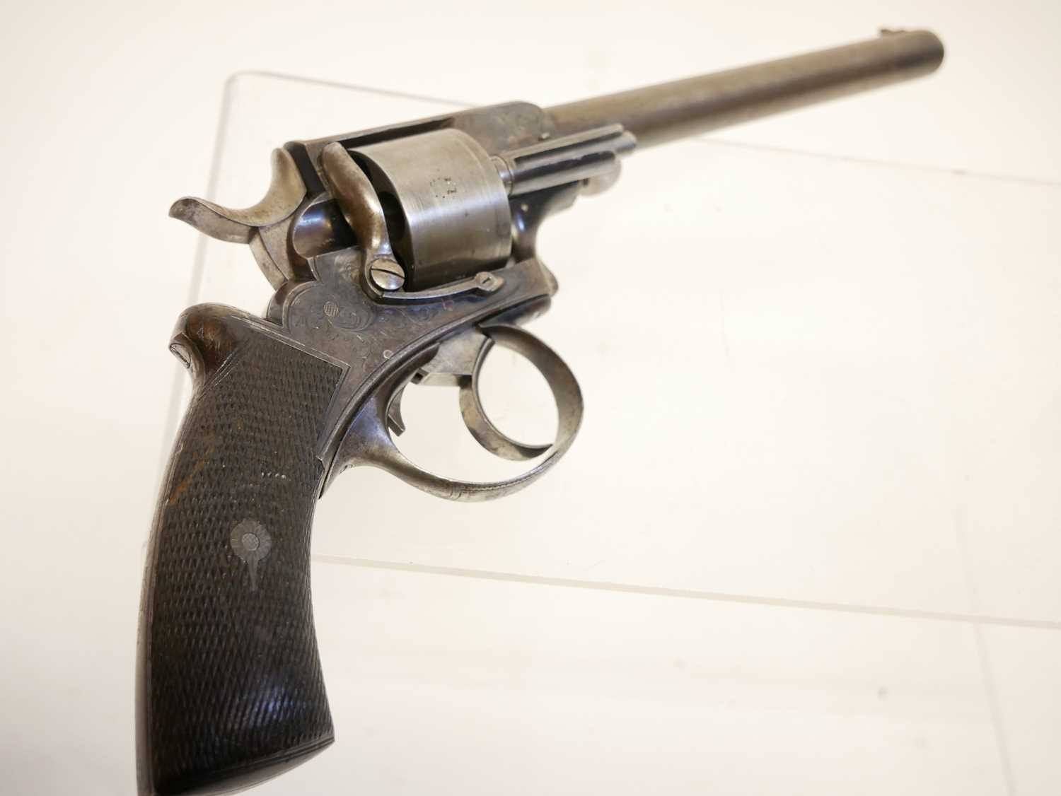 Webley solid frame .442 rimfire revolver, 8inch sighted round barrel the top strap engraved 'Hills - Image 6 of 14
