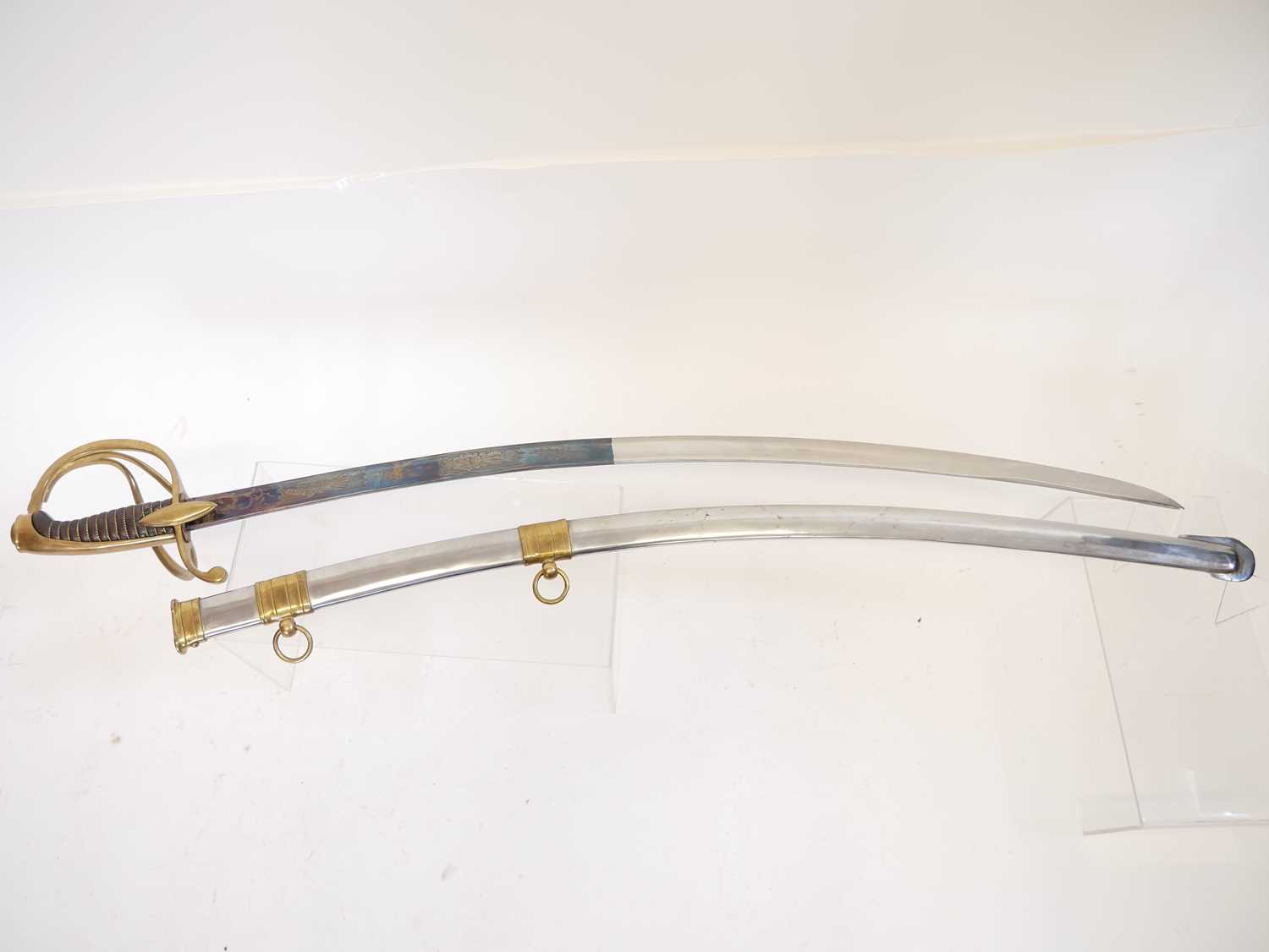 Reproduction copy of a French Cavalry sabre, with blue and gilt etched blade. Buyer must be over the - Image 6 of 7