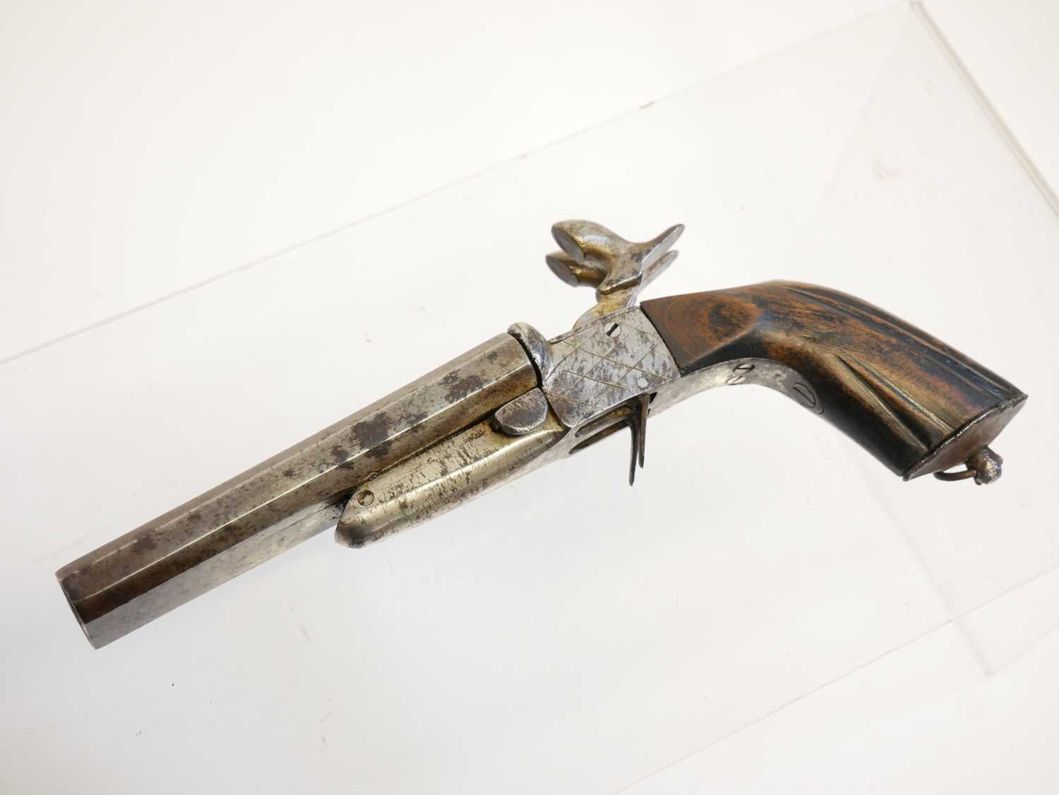 Belgian 60 bore double barrel pinfire pistol, with 4.25inch rifled barrels ,boxlock action with - Image 7 of 7