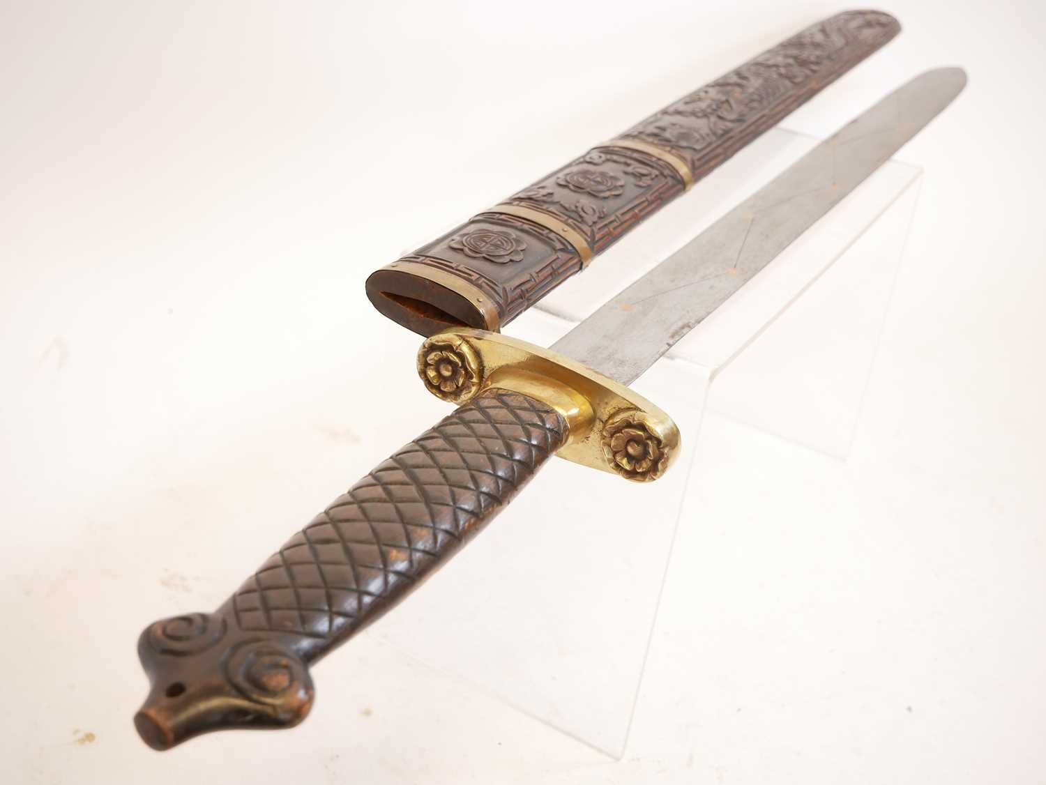 Chinese double edged sword, with copper studded blade, brass guard and carved grip and scabbard. - Image 7 of 7