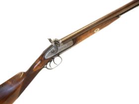 Percussion 13 bore side by side double barrel shotgun, 28 inch Damascus barrels with later added