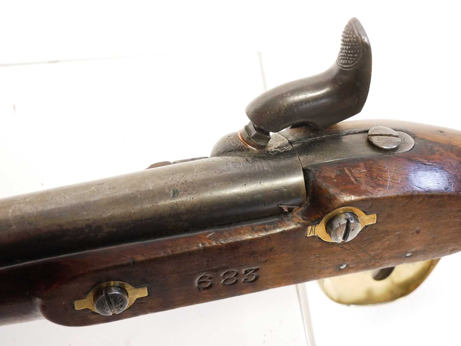 Percussion pistol, 9inch barrel, the lock with replacement hammers stamped Yeoman's London, brass - Image 9 of 10
