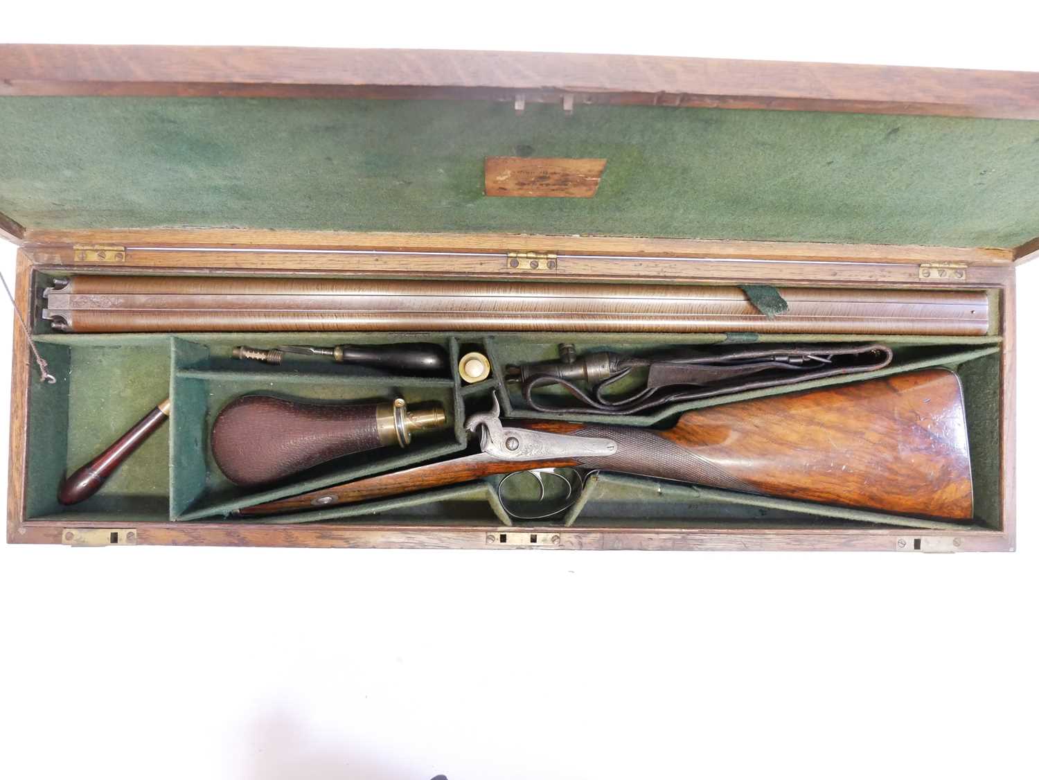 Cased George Thompson of Edinburgh 16 bore side by side percussion shotgun, 30 inch browned Damascus - Image 26 of 30