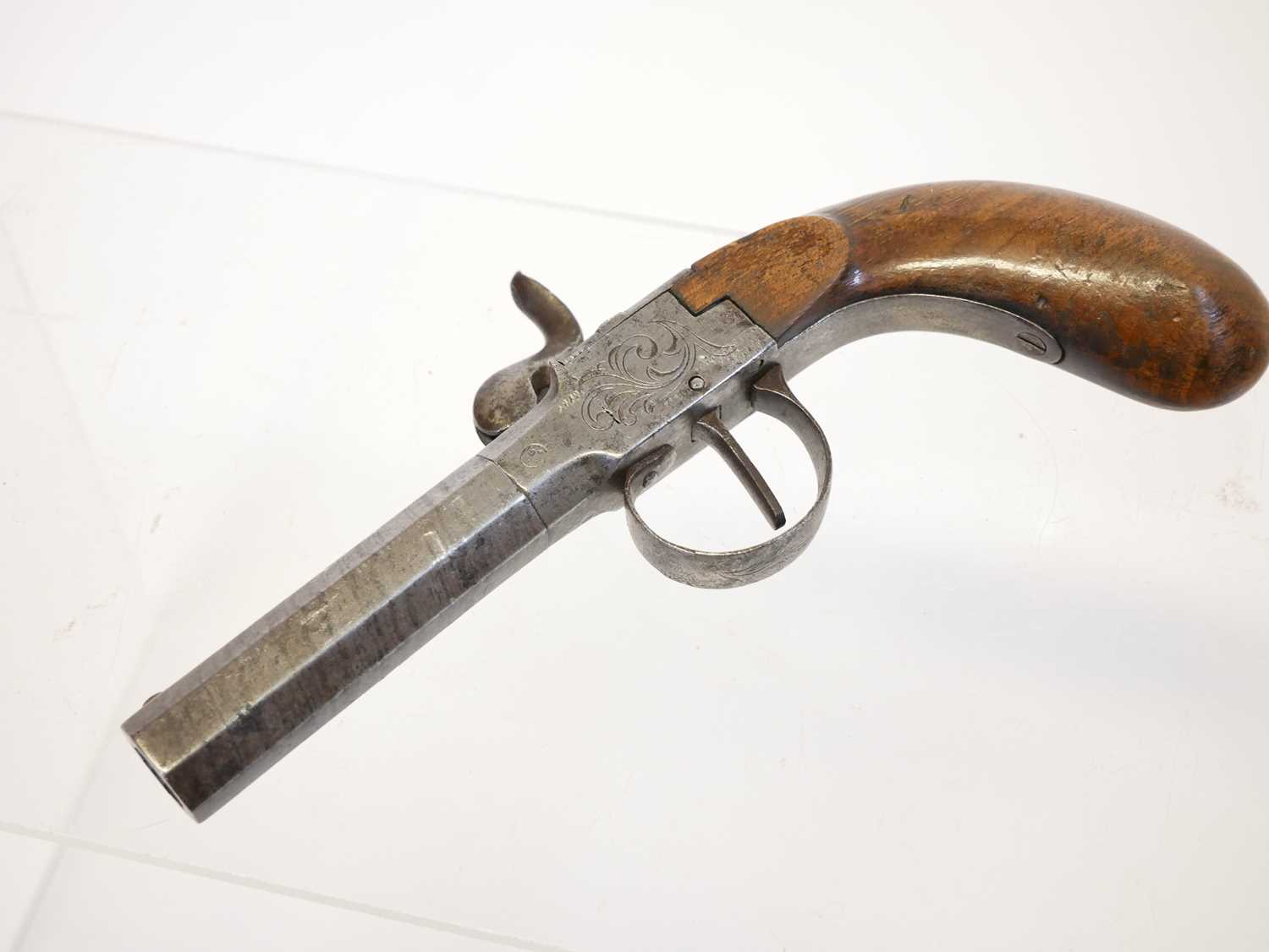 Belgian 48 bore percussion pistol, with 3inch rifled octagonal barrel ,boxlock action engraved - Image 5 of 9