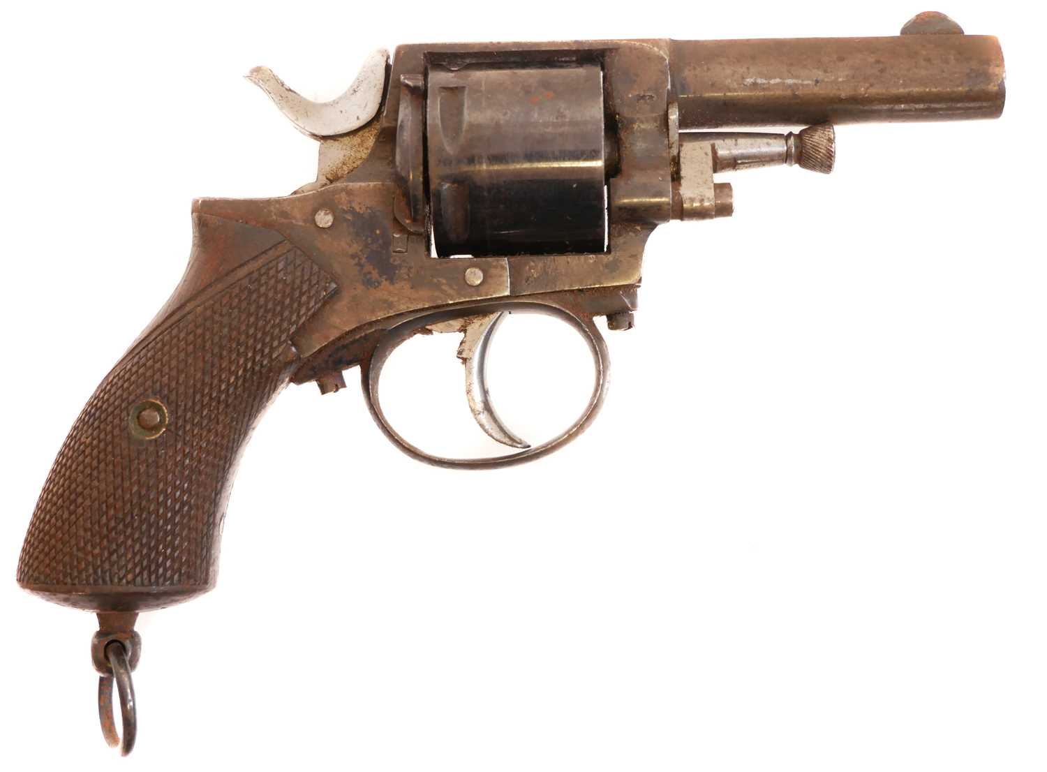 Belgian 7.5mm revolver, no serial number, 2.5 inch sighted barrel, chequered wood grips the grip