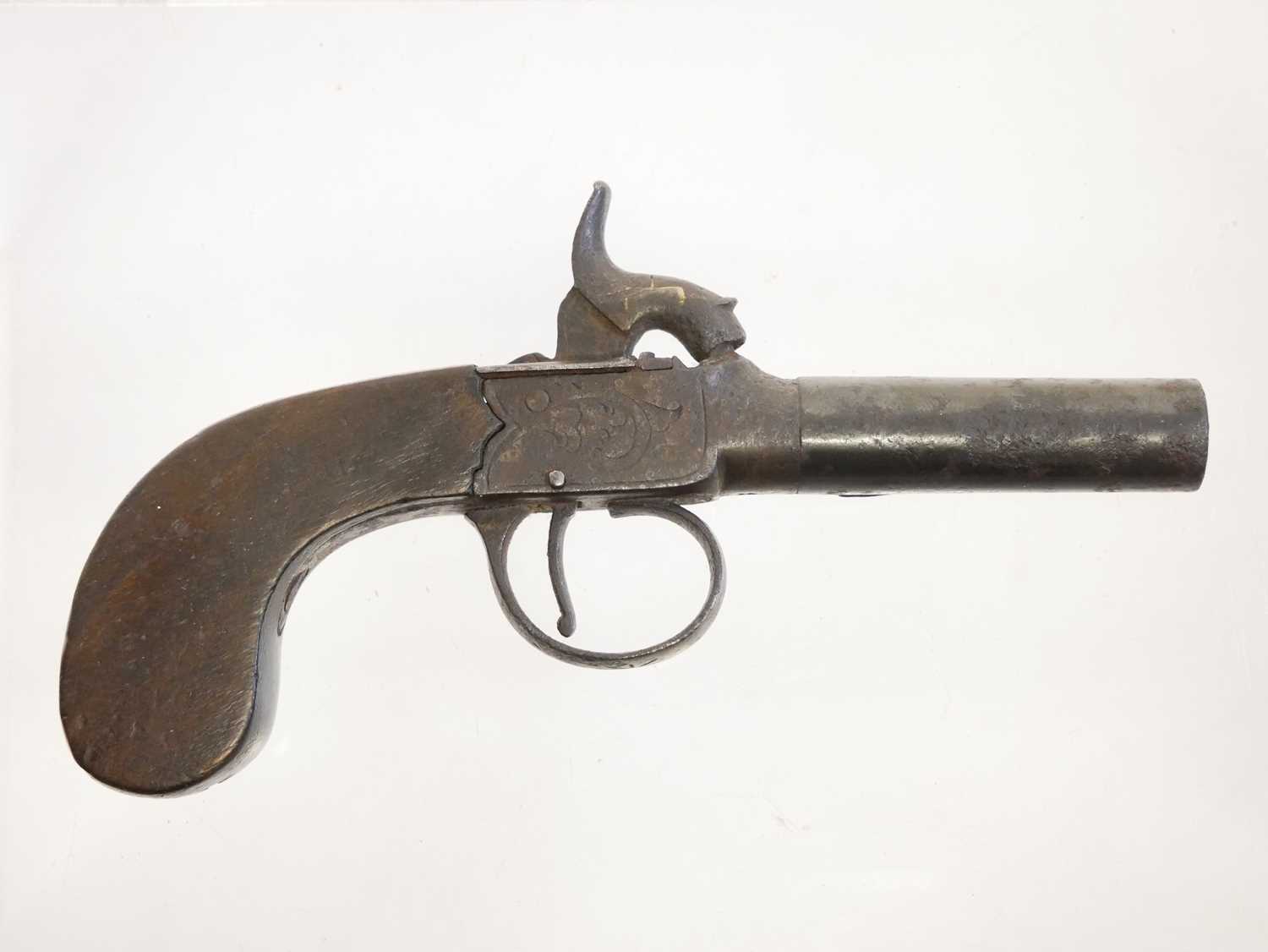 Percussion 70 bore pistol, 2.25inch barrel, box lock action engraved with scrollwork, the stock - Image 10 of 10