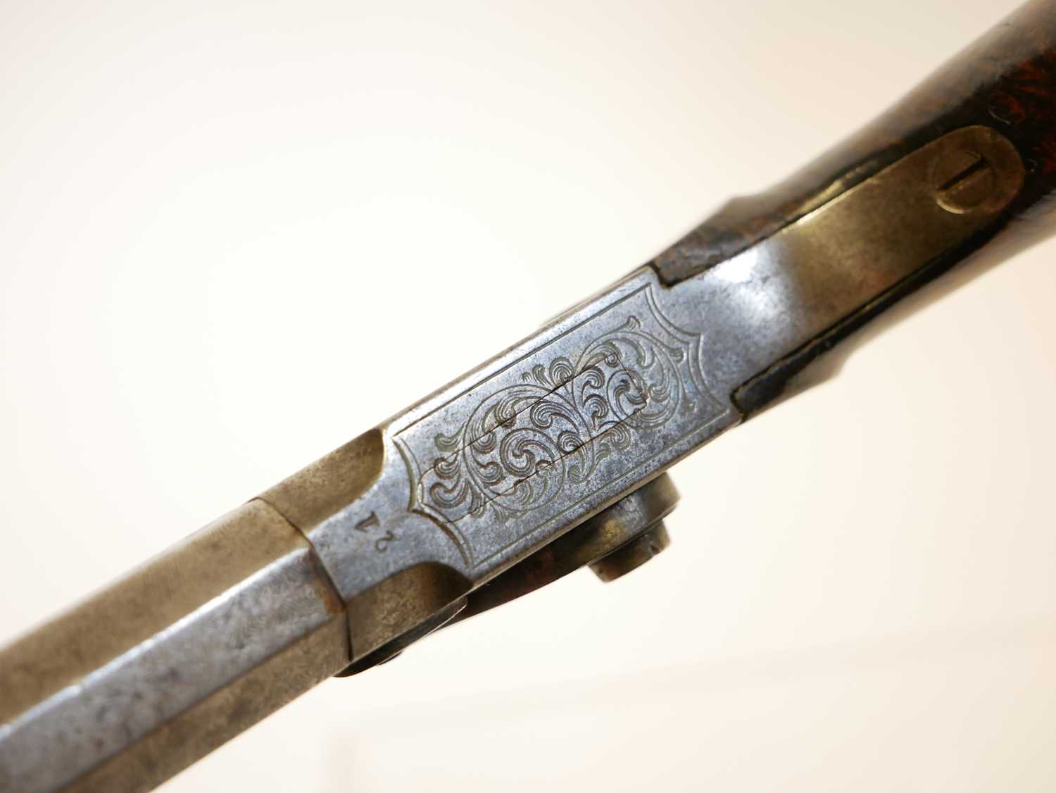 Belgian 48 bore percussion pistol, with 3inch rifled octagonal Damascus barrel ,boxlock action - Image 10 of 12