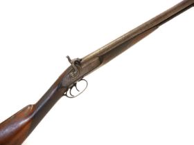 Percussion 12 bore side by side double barrel shotgun, 27 inch Damascus barrels, scroll engraved