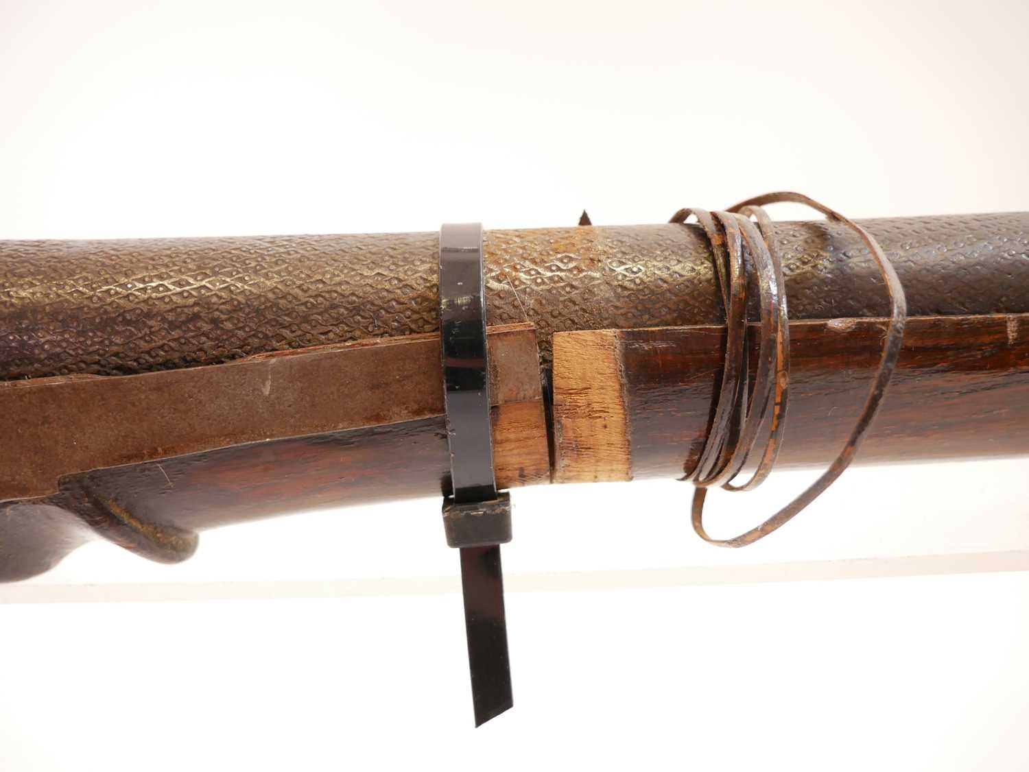 Large Indian matchlock, 42 inch barrel approximately 10 bore, steel reinforced stock. THIS LOT IS - Image 7 of 15