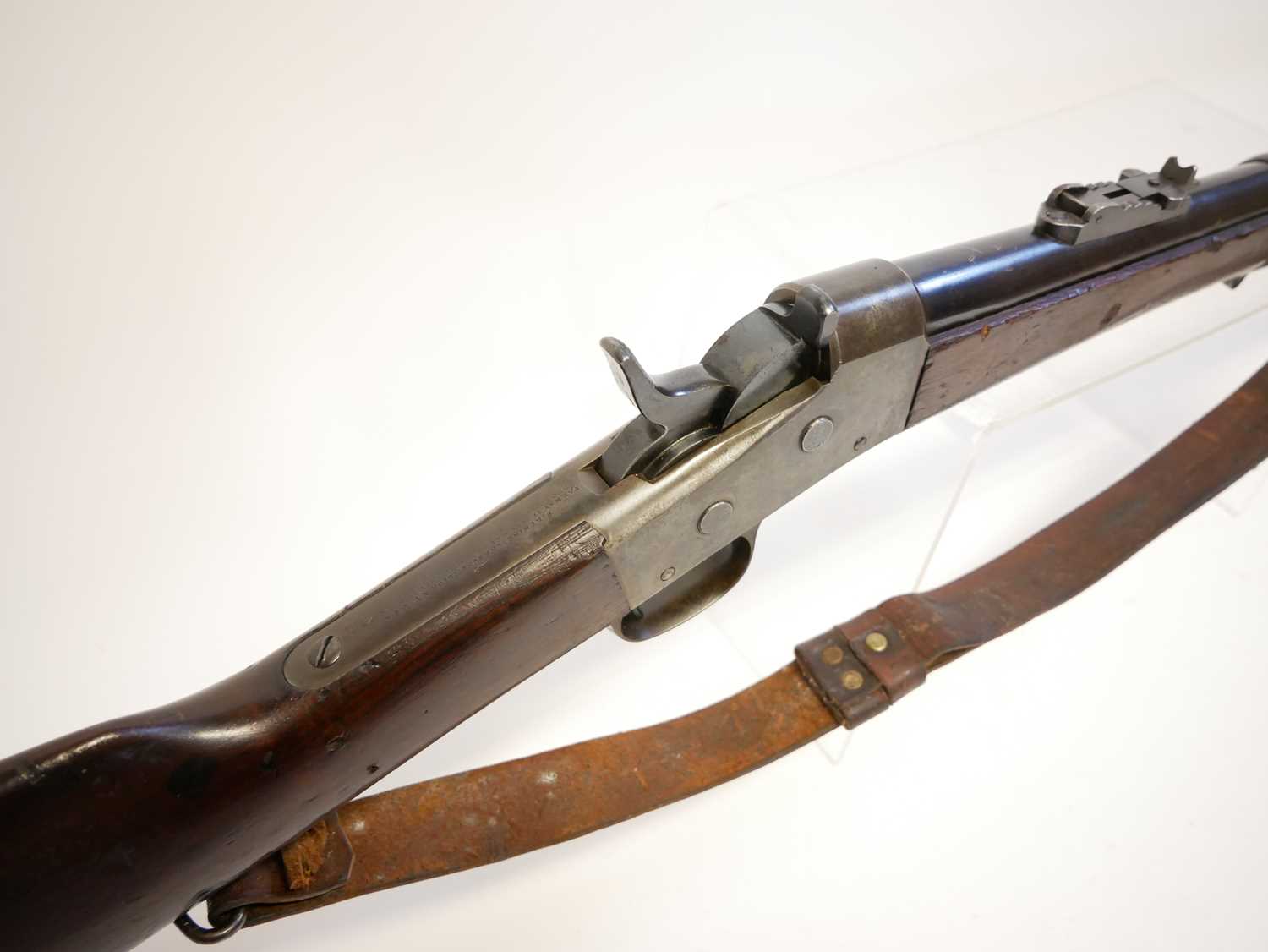 Remington rolling block rifle chambered in .43 Spanish, 36inch barrel with bayonet bar and folding - Image 4 of 14