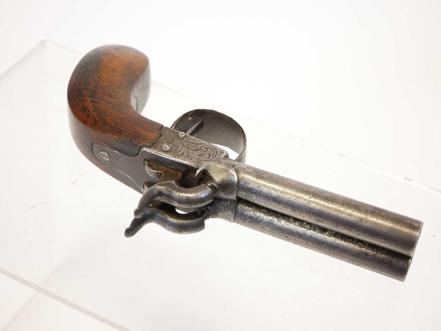 Belgian 64 bore double barrel percussion pistol, with 3inch rifled barrels ,boxlock action - Image 5 of 8