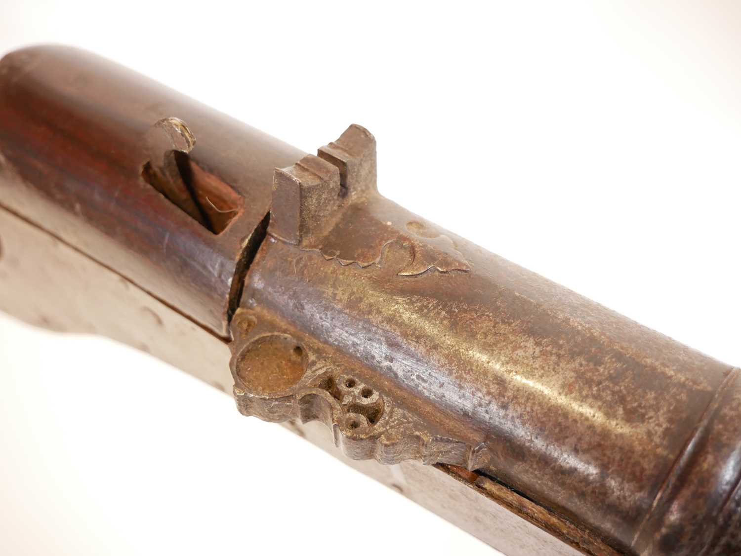 Large Indian matchlock, 42 inch barrel approximately 10 bore, steel reinforced stock. THIS LOT IS - Image 6 of 15