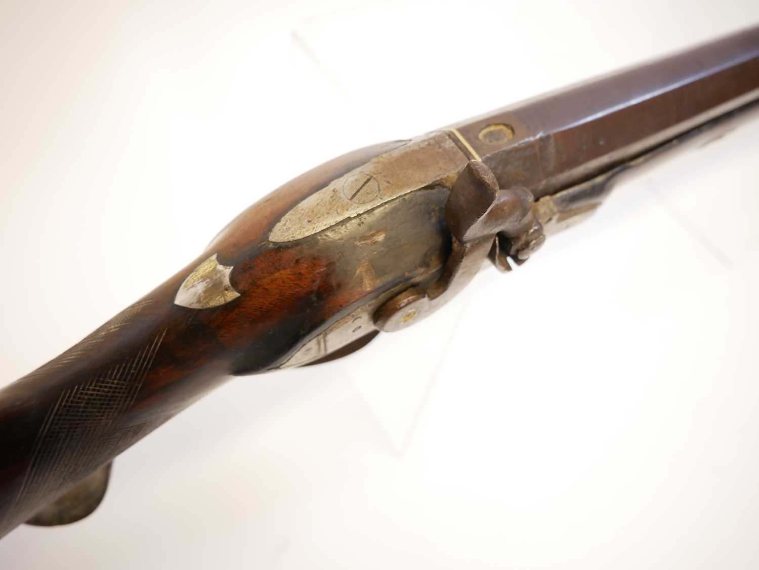 Percussion shotgun, converted from a flintock, with 30 inch Damascus Spanish form barrel, - Image 6 of 18