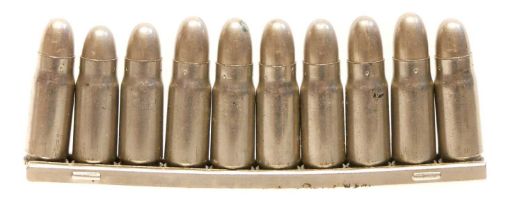 Ten nickel-plated DWM 7.63mm Mauser M1896 “Broomhandle” pistol dummy cartridges in DWM stripper