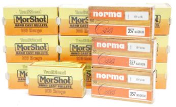 .38/357 components, to include ten packs of Morshot 158 grain semi wadcutter bullets, (approximately