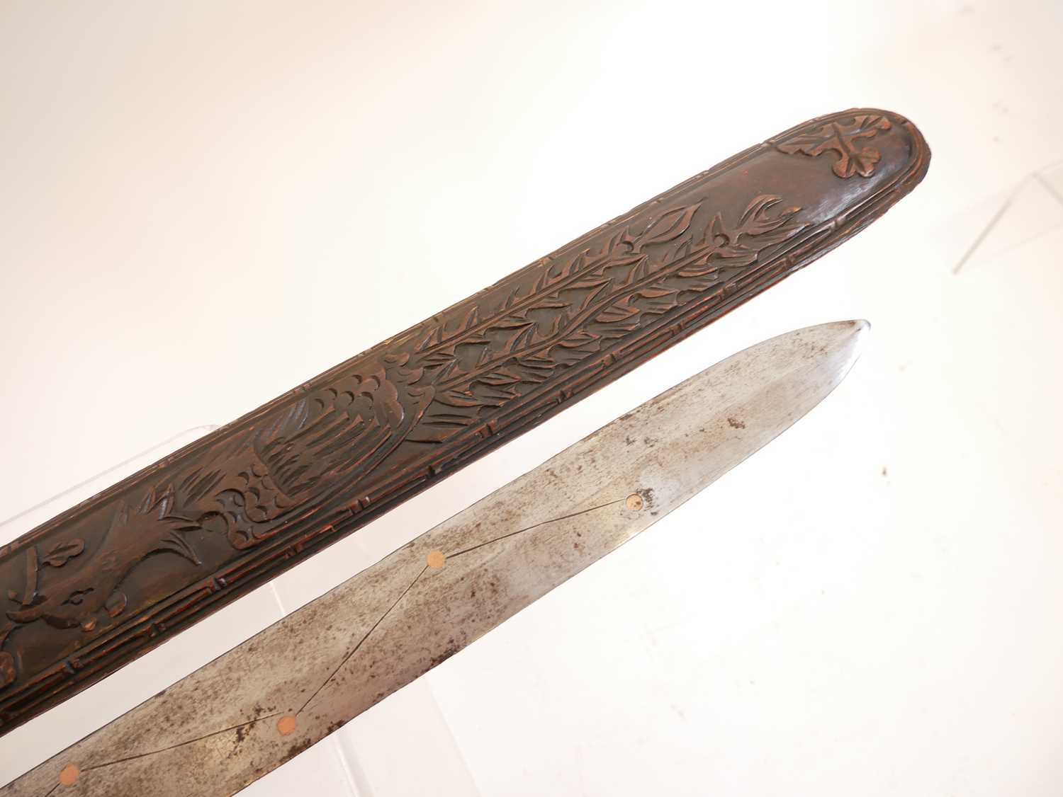 Chinese double edged sword, with copper studded blade, brass guard and carved grip and scabbard. - Image 5 of 7