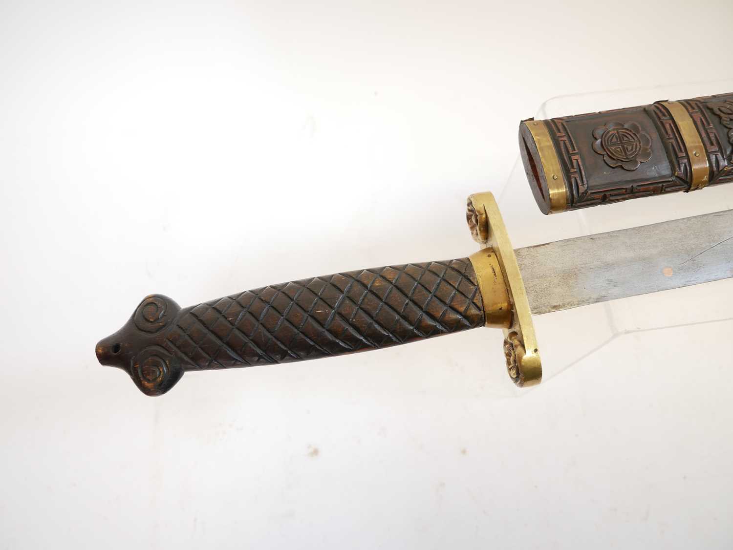 Chinese double edged sword, with copper studded blade, brass guard and carved grip and scabbard. - Image 3 of 7