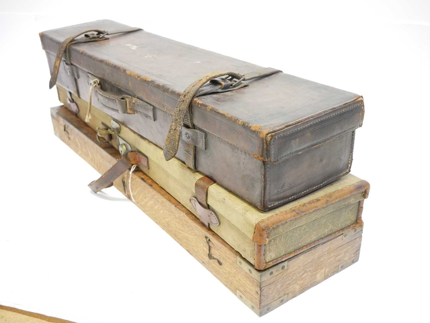 Five gun cases, to include an oak and brass case (no interior) a canvas and leather case, an all - Image 7 of 11