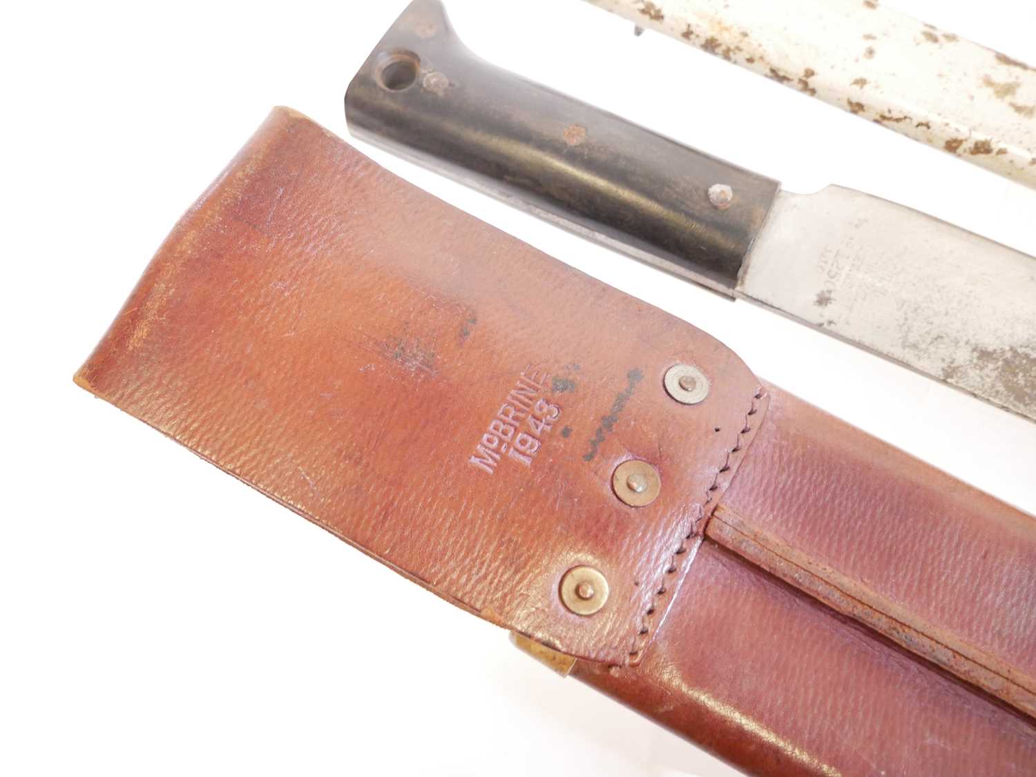Legitimus Collins machete the ricasso stamped with maker mark and 1940 date, the leather scabbard - Image 8 of 9