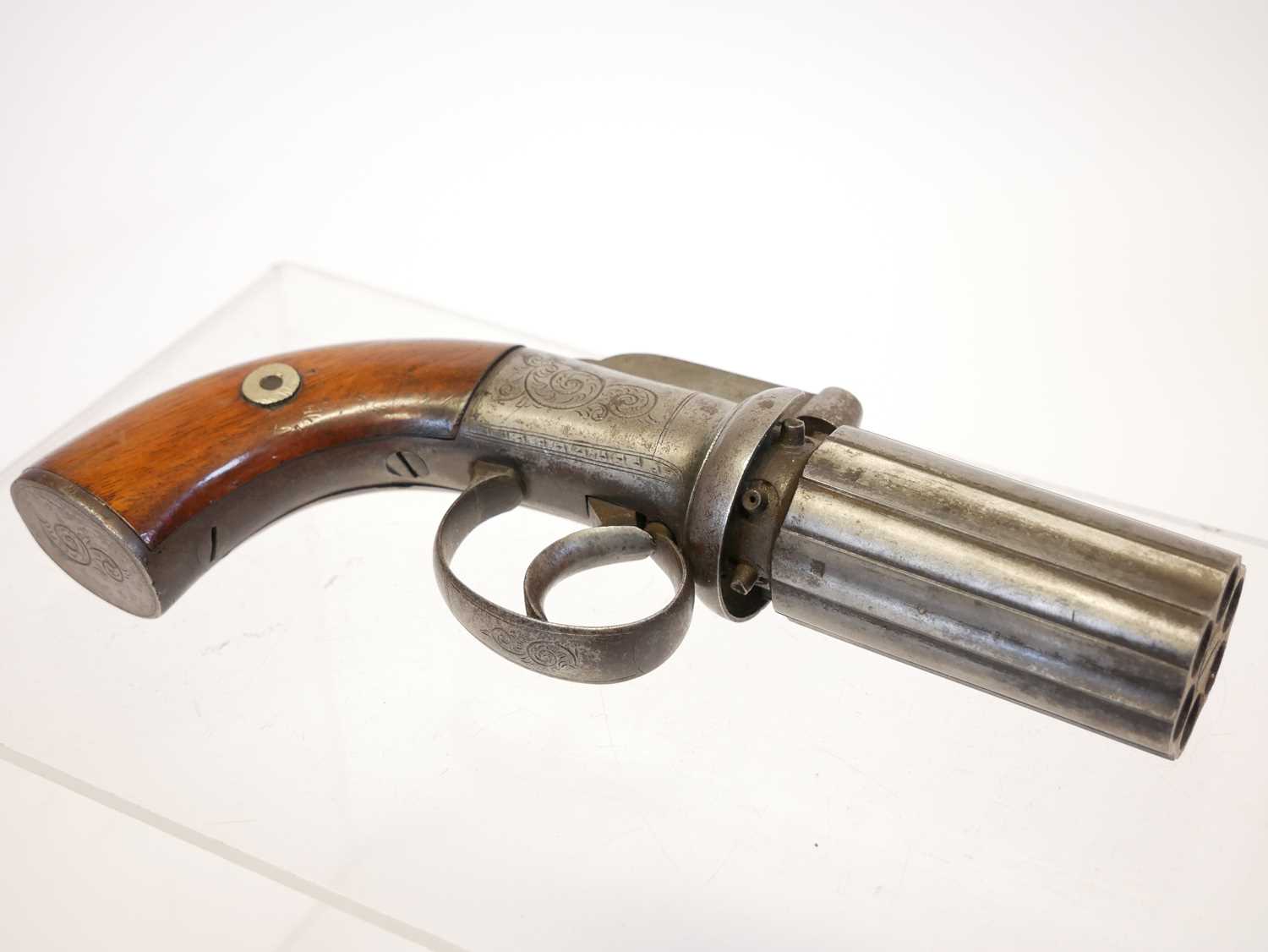 Percussion pepperbox 100 bore revolver, 2.5inch six shot cylinder, scroll engraved action. Section - Image 2 of 8