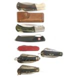 Eight pocket / pen knives by Wenger, Falcon, Eka and Victorinox. Buyer must be over the age of 18.