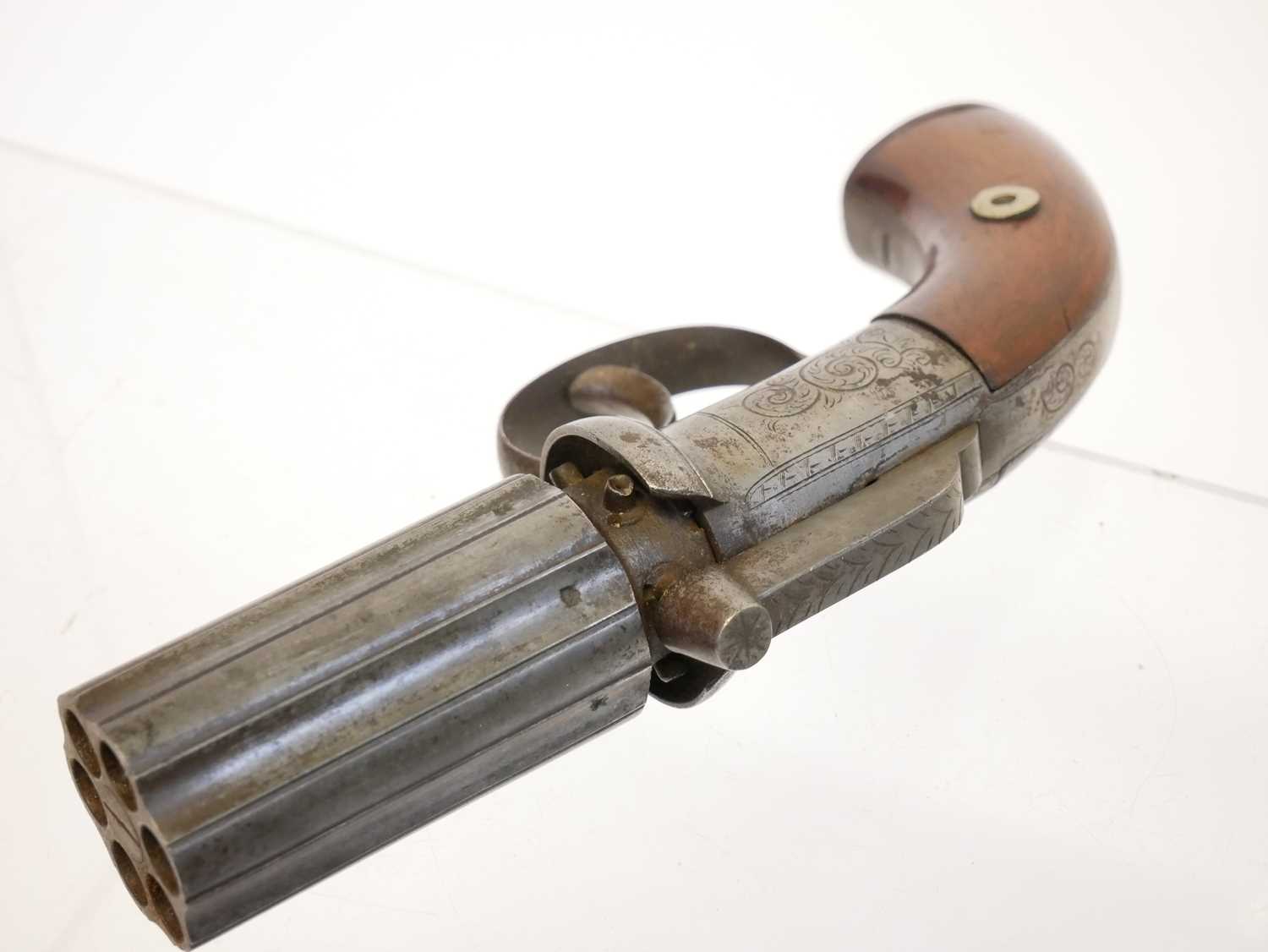 Percussion pepperbox 100 bore revolver, 2.5inch six shot cylinder, scroll engraved action. Section - Image 3 of 8