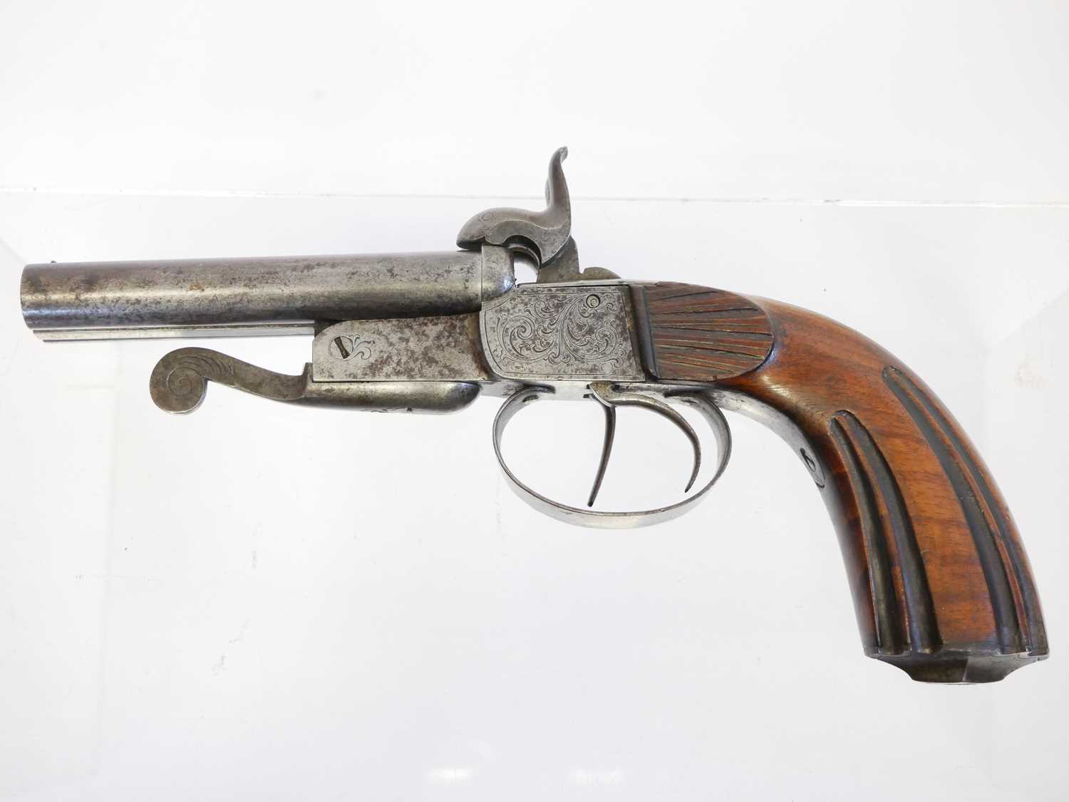 Belgian 56 bore double barrel pinfire pistol, with 4inch rifled barrels, boxlock action with - Image 7 of 9