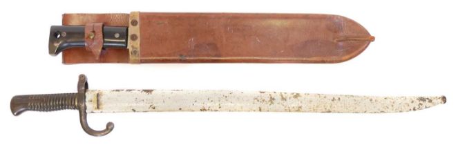 Legitimus Collins machete the ricasso stamped with maker mark and 1940 date, the leather scabbard