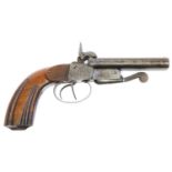 Belgian 56 bore double barrel pinfire pistol, with 4inch rifled barrels, boxlock action with