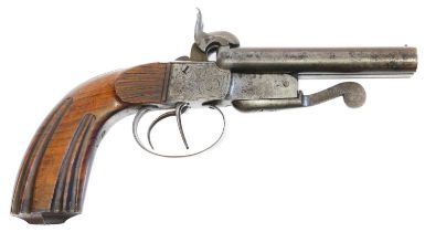 Belgian 56 bore double barrel pinfire pistol, with 4inch rifled barrels, boxlock action with