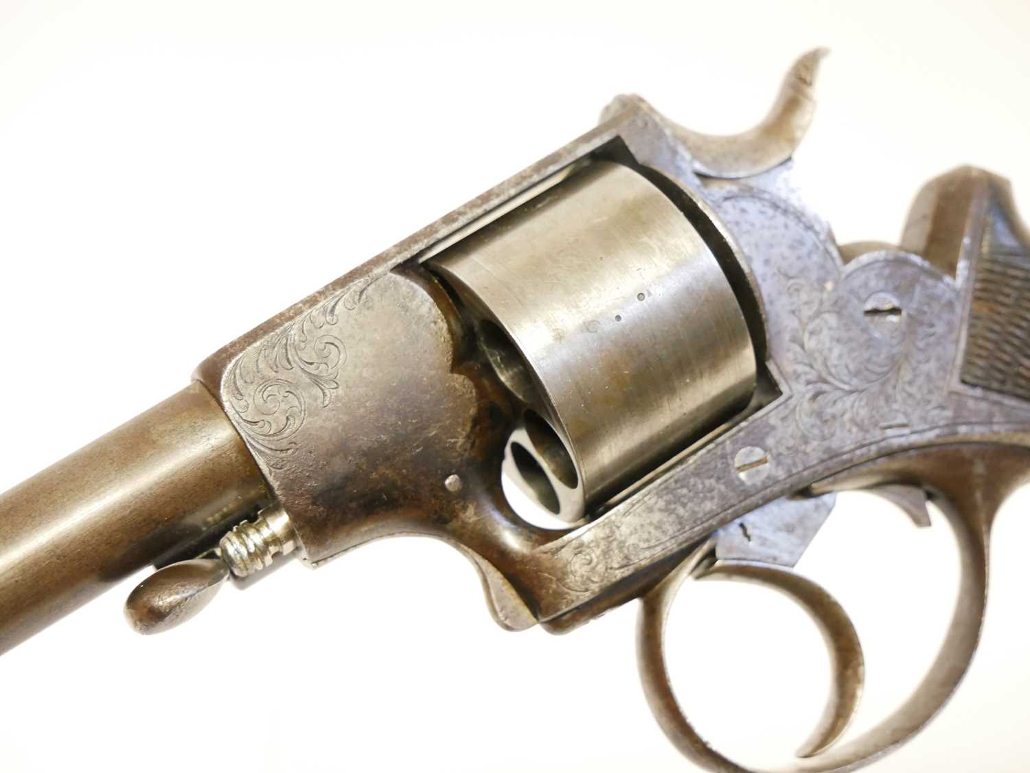 Webley solid frame .442 rimfire revolver, 8inch sighted round barrel the top strap engraved 'Hills - Image 11 of 14