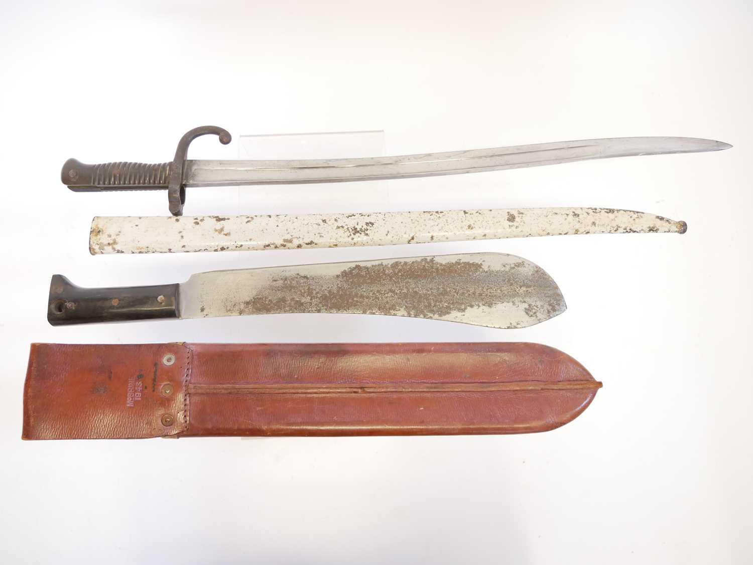 Legitimus Collins machete the ricasso stamped with maker mark and 1940 date, the leather scabbard - Image 6 of 9