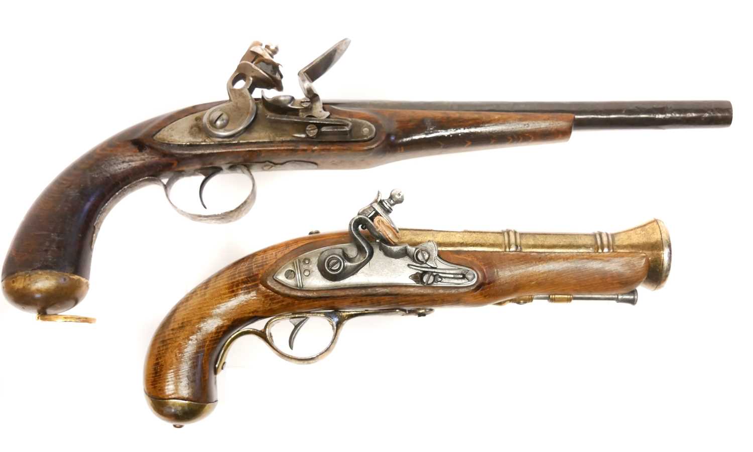 Composed flintlock pistol, and a replica pistol, the first with an antique 11.5 inch 22 bore