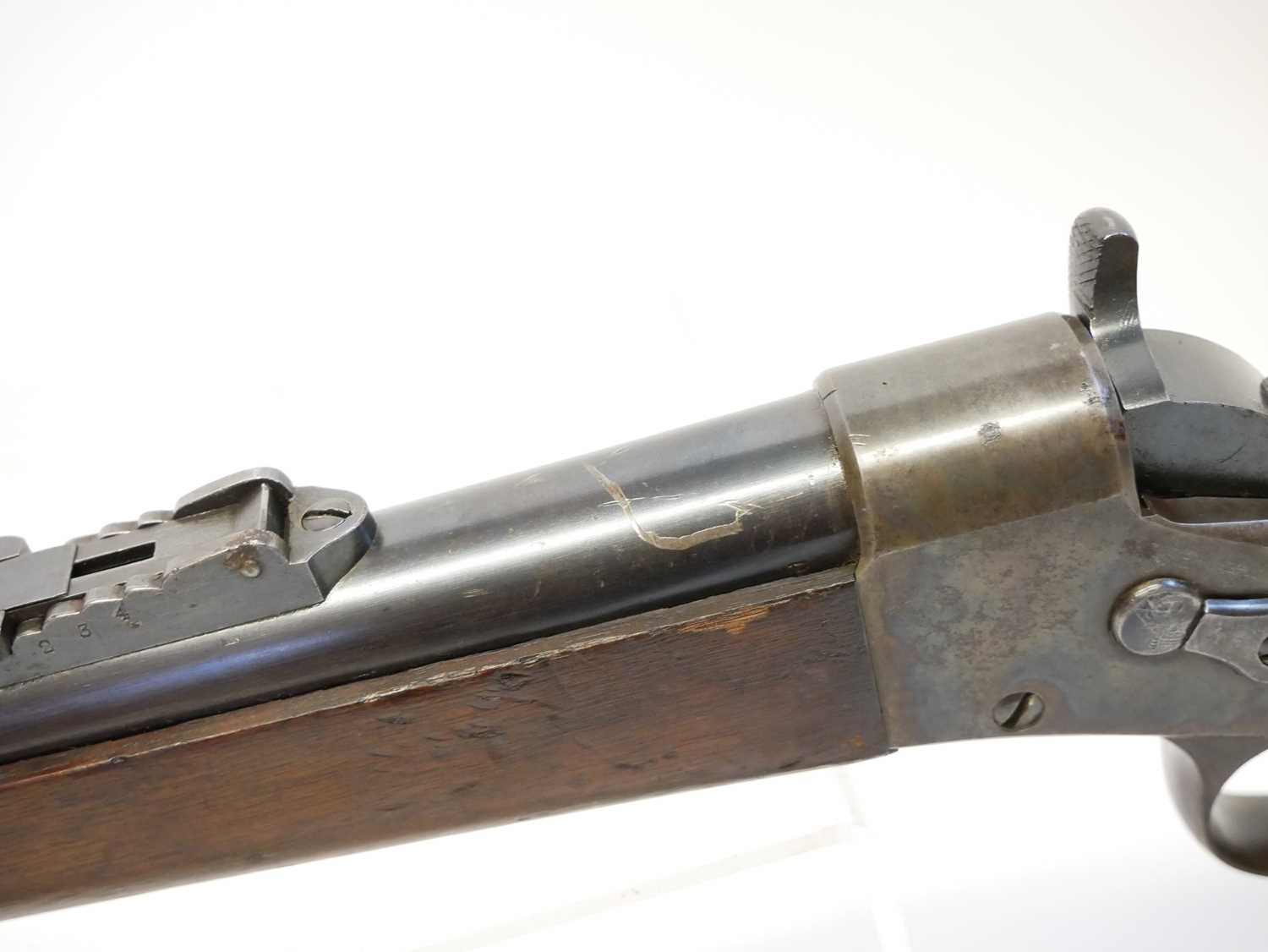 Remington rolling block rifle chambered in .43 Spanish, 36inch barrel with bayonet bar and folding - Image 11 of 14