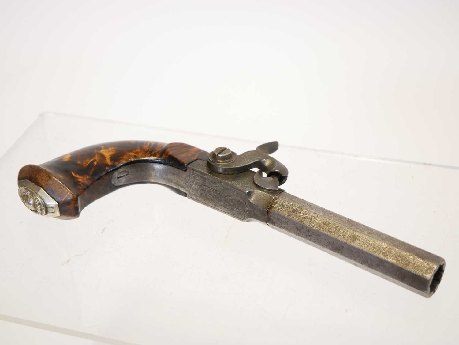 Belgian 48 bore percussion pistol, with 3inch rifled octagonal Damascus barrel ,boxlock action - Image 2 of 12