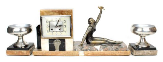 Art Deco Marble Mantel Clock and Garniture