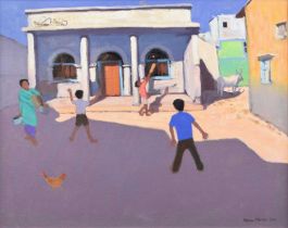 Andrew Macara (British 1944-) Street scene with children playing cricket