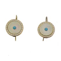 A pair of mother of pearl, turquoise and enamel earrings.