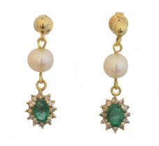 A pair of emerald, diamond and cultured pearl drop earrings.