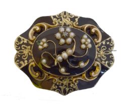 A Victorian split pearl, diamond and enamel mourning brooch.
