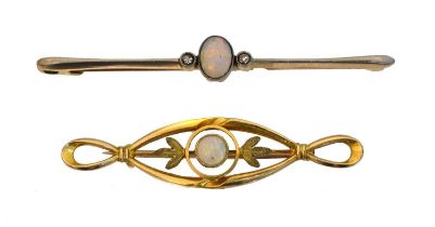 Two early 20th century 15ct gold opal bar brooches.