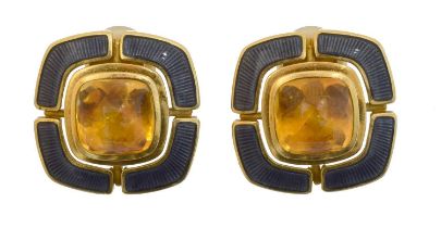 A pair of 18ct gold citrine and enamel Leo de Vroomen earrings.