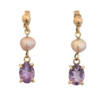 A pair of amethyst and cultured pearl earrings.