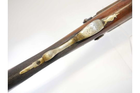 Moore percussion 10 bore side by side double barrel shotgun, 39 inch Damascus barrels, scroll - Image 7 of 16