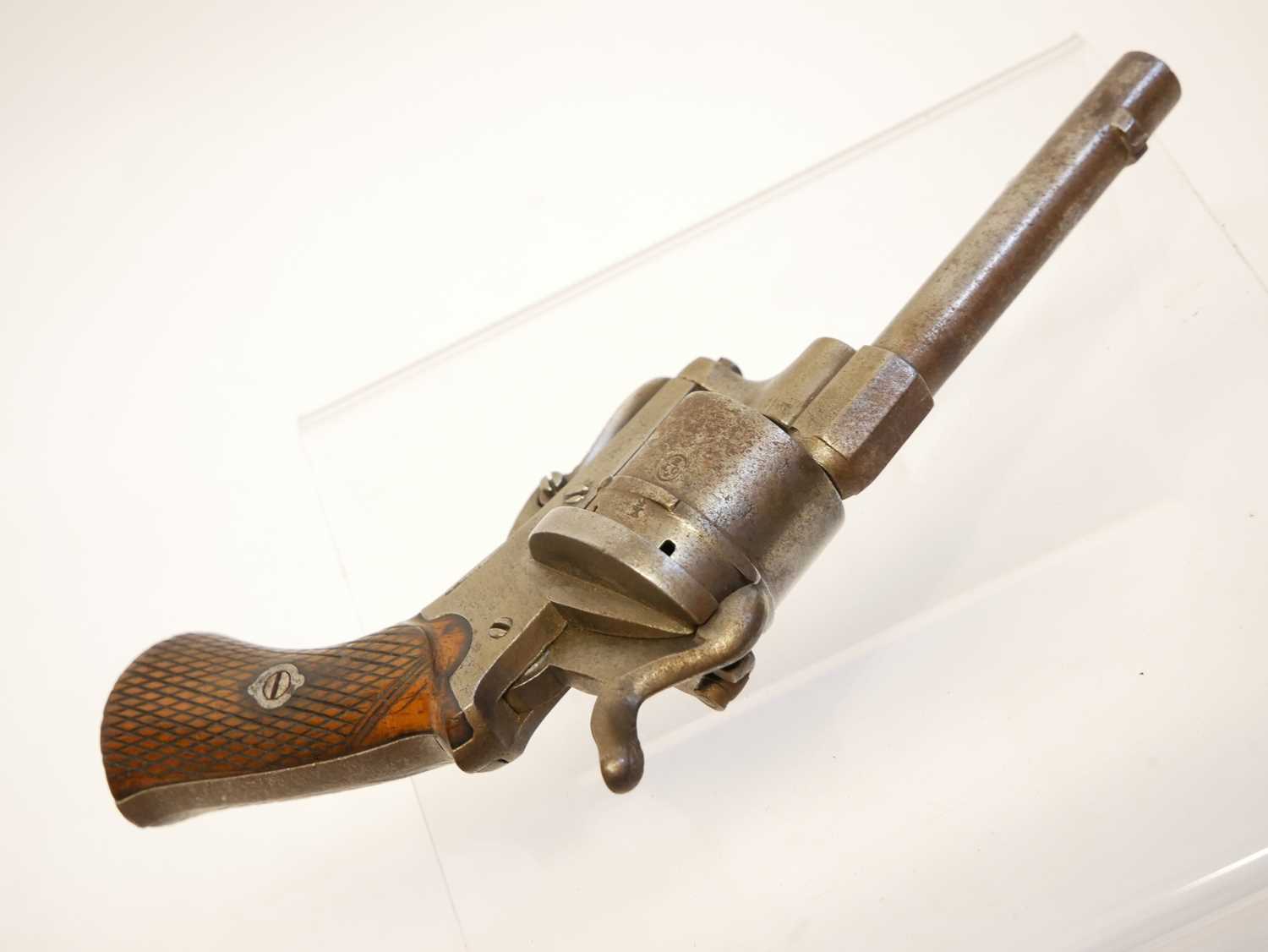 Belgian 7mm pinfire revolver, 3.5 inch sighted barrel, side mounted extraction rod, six shot - Image 6 of 9